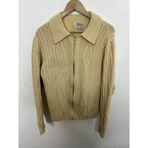 Vintage White Ram Cable Knit Woman M Wool Cardigan Zip Fisherman 70s